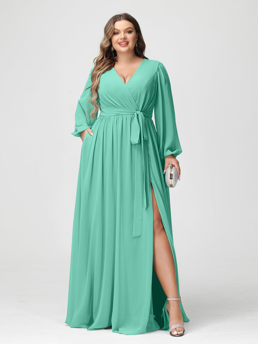 Princesa/Formato A Decote Em V Manga Comprida Chiffon Vestidos de Dama de Honra Plus Size com Bolsos