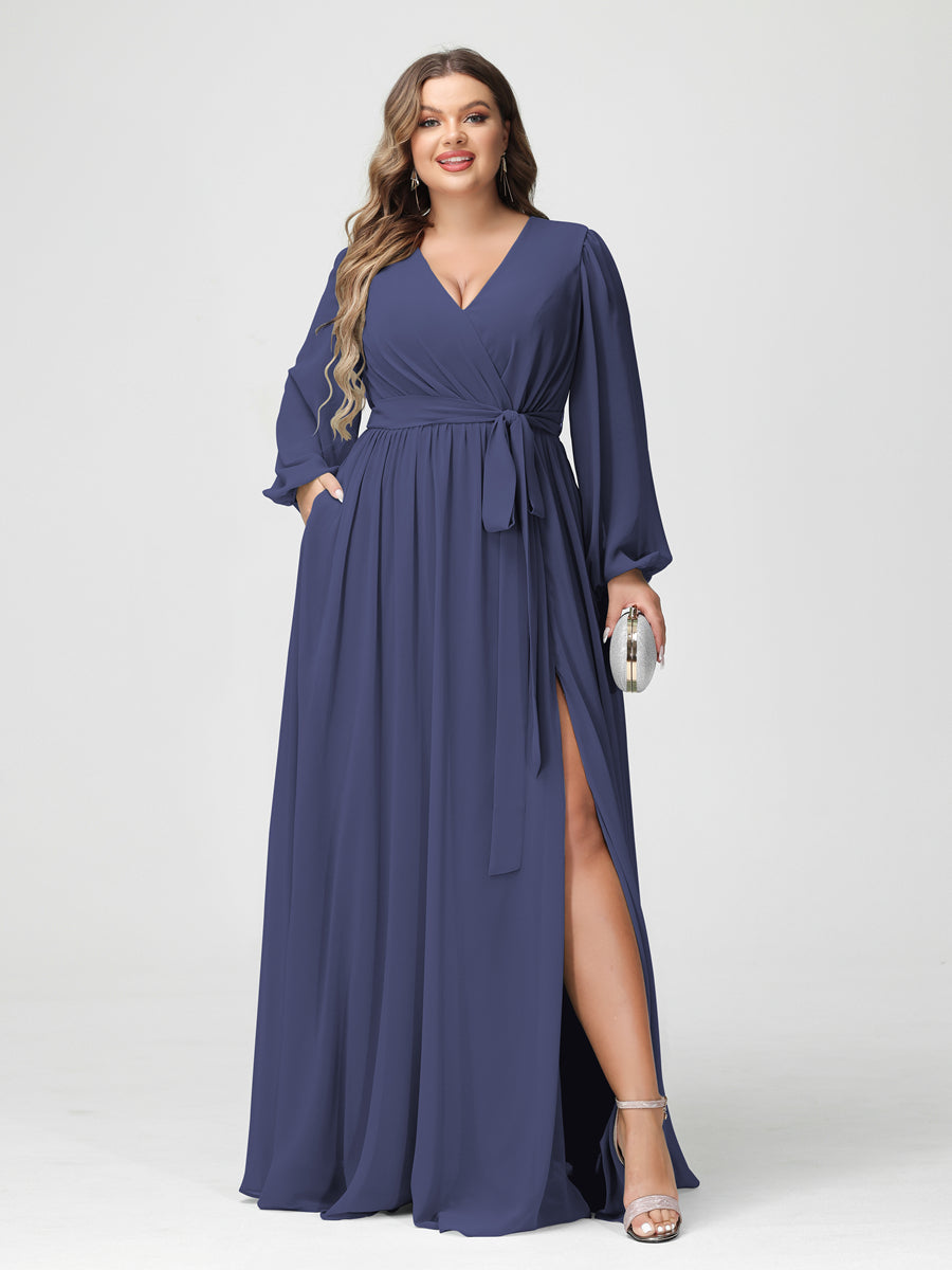 Princesa/Formato A Decote Em V Manga Comprida Chiffon Vestidos de Dama de Honra Plus Size com Bolsos