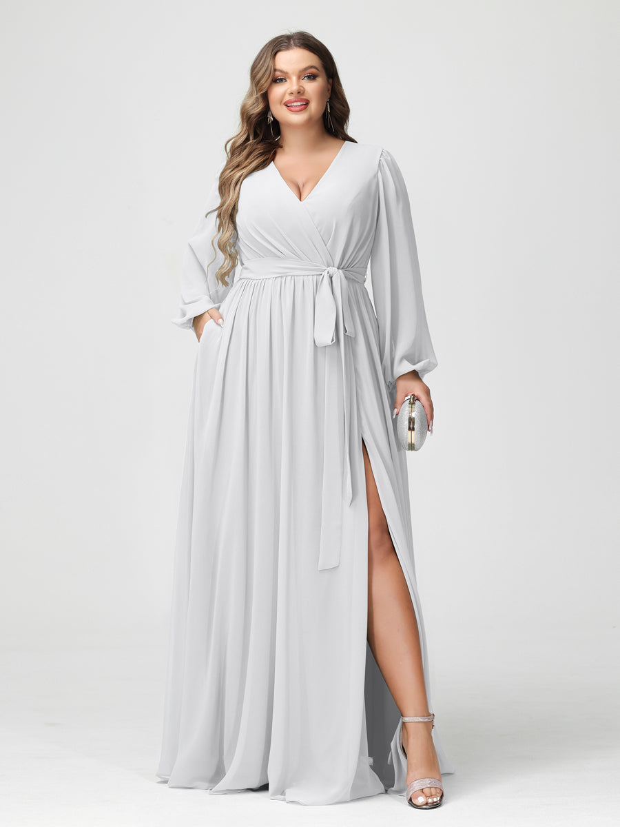 Princesa/Formato A Decote Em V Manga Comprida Chiffon Vestidos de Dama de Honra Plus Size com Bolsos
