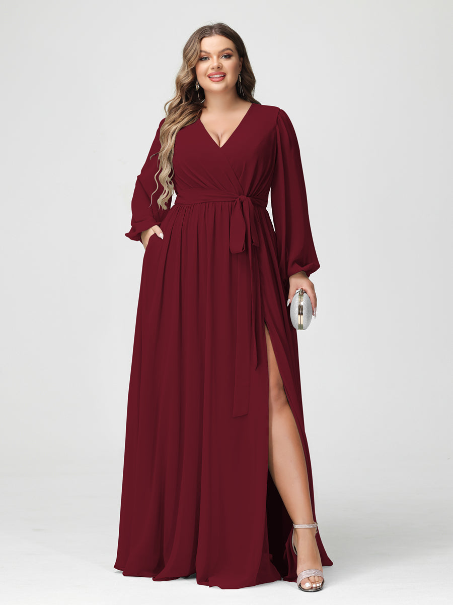 Princesa/Formato A Decote Em V Manga Comprida Chiffon Vestidos de Dama de Honra Plus Size com Bolsos