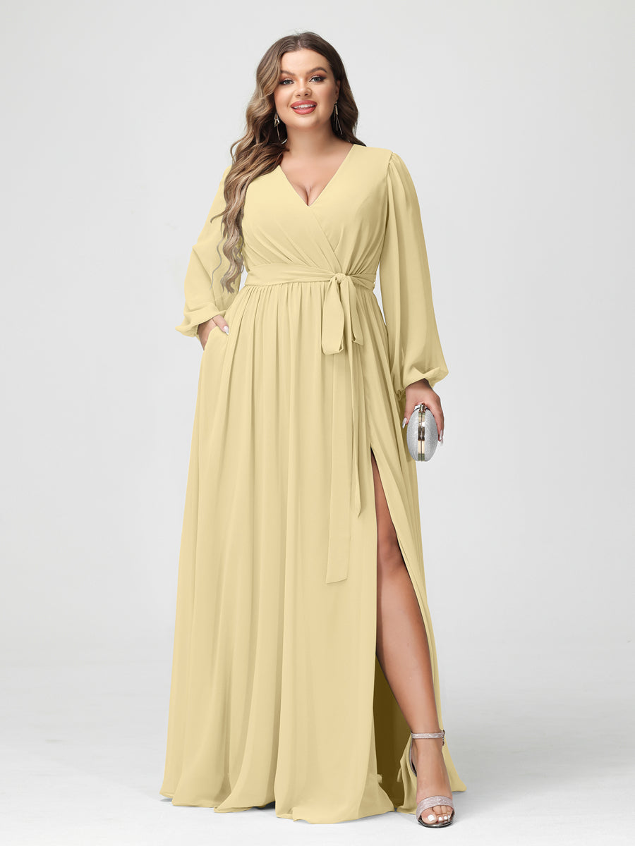 Princesa/Formato A Decote Em V Manga Comprida Chiffon Vestidos de Dama de Honra Plus Size com Bolsos