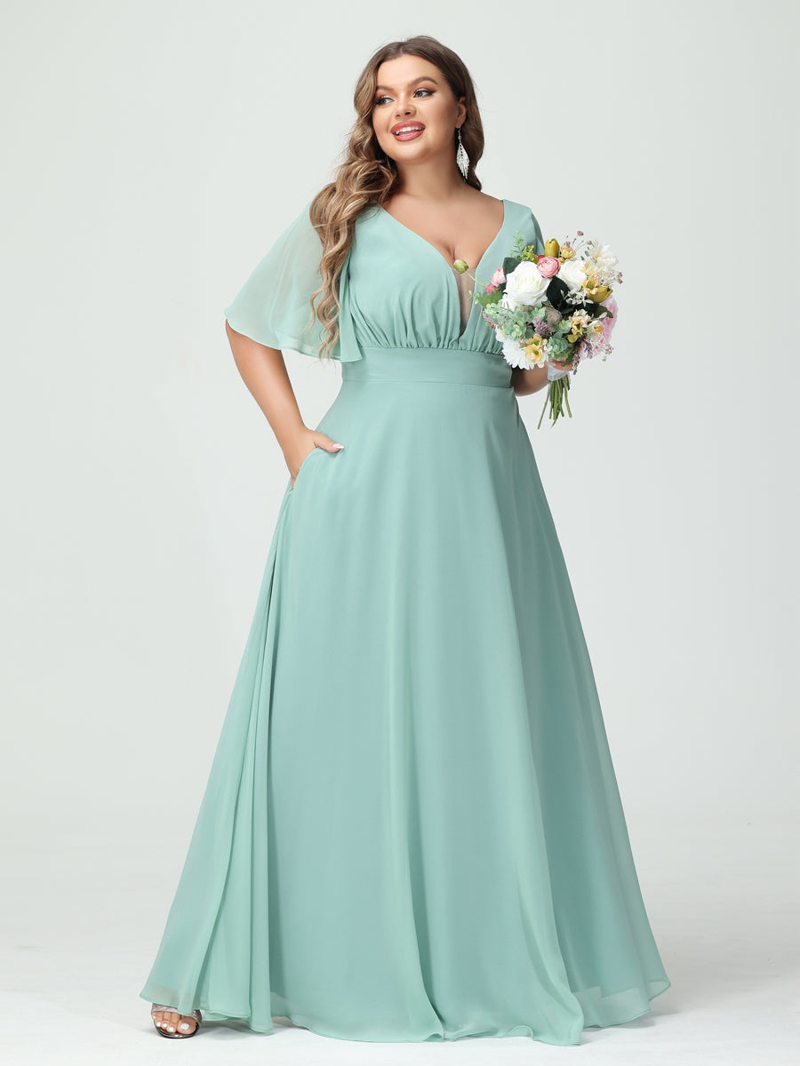 Corte A/Princesa Decote Em V Meia Manga Chiffon Vestidos de Dama de Honra Tamanho Grande com Bolsos
