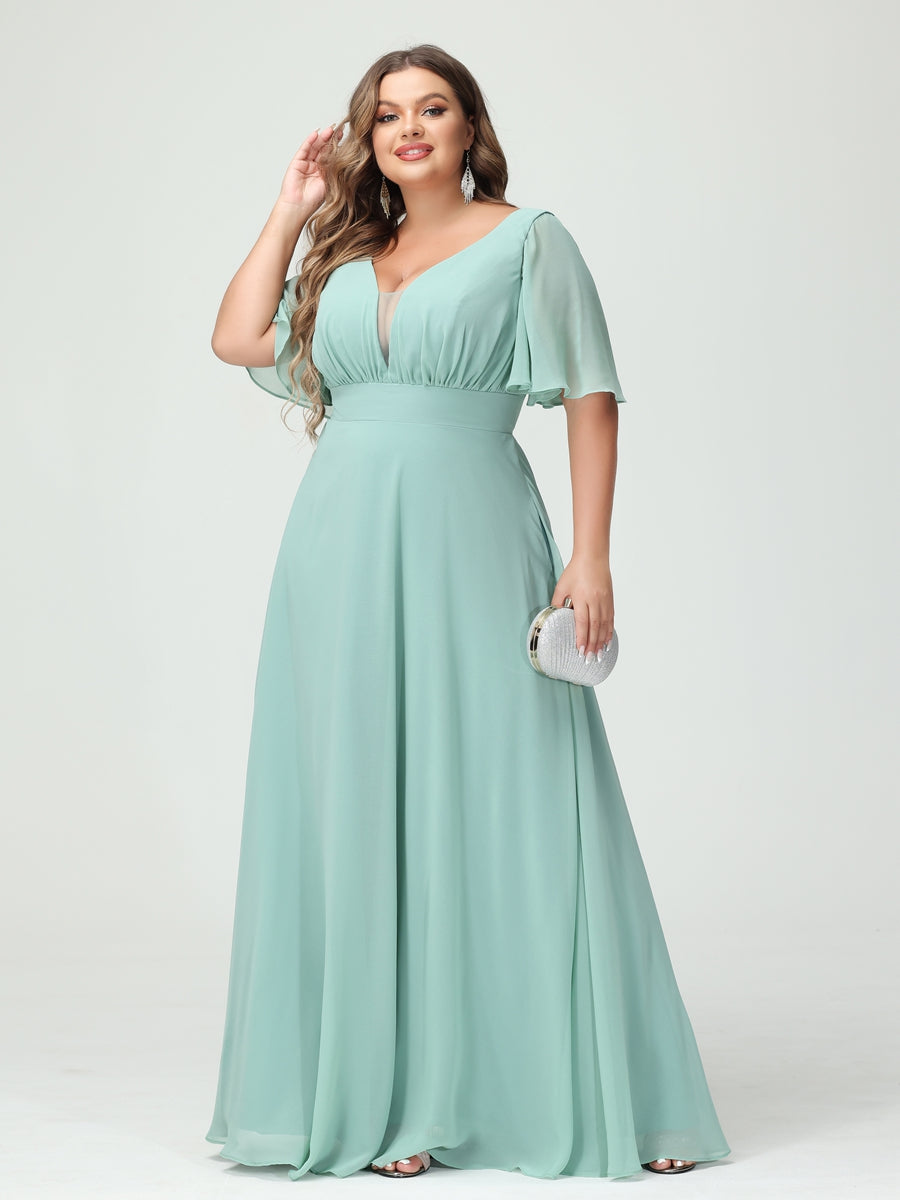 Corte A/Princesa Decote Em V Meia Manga Chiffon Vestidos de Dama de Honra Tamanho Grande com Bolsos