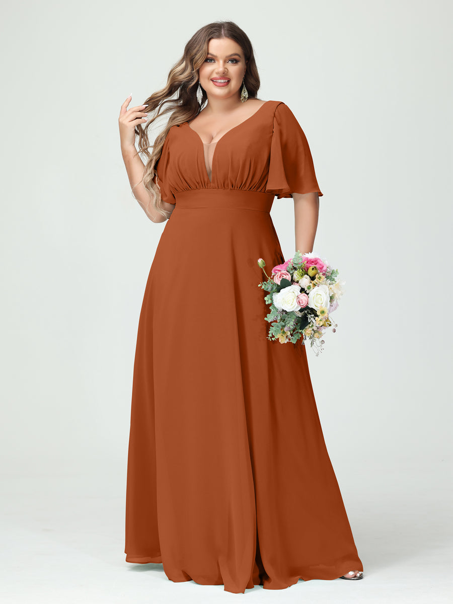 Corte A/Princesa Decote Em V Meia Manga Chiffon Vestidos de Dama de Honra Tamanho Grande com Bolsos