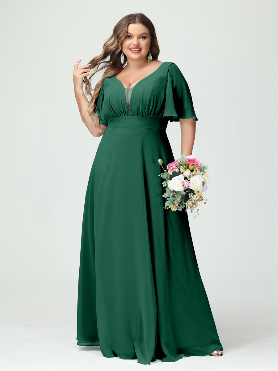 Corte A/Princesa Decote Em V Meia Manga Chiffon Vestidos de Dama de Honra Tamanho Grande com Bolsos