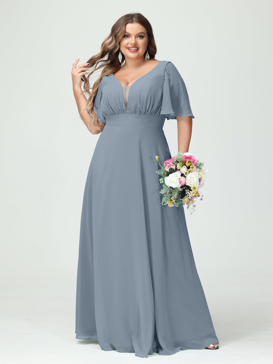 Corte A/Princesa Decote Em V Meia Manga Chiffon Vestidos de Dama de Honra Tamanho Grande com Bolsos