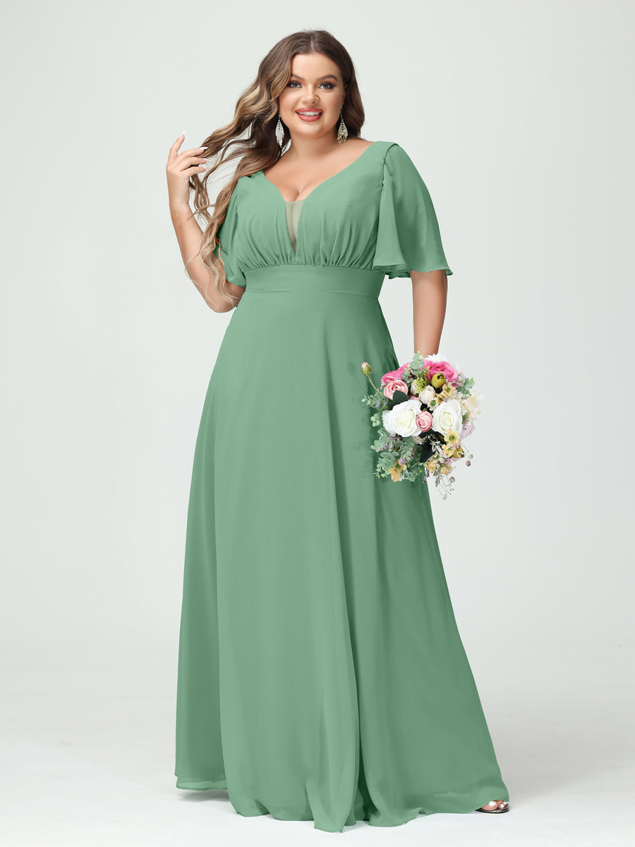 Corte A/Princesa Decote Em V Meia Manga Chiffon Vestidos de Dama de Honra Tamanho Grande com Bolsos