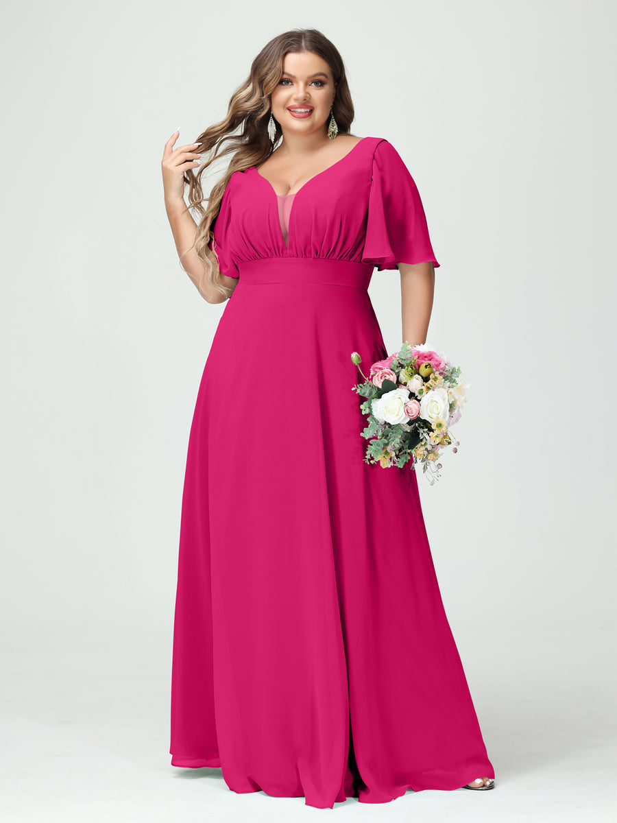 Corte A/Princesa Decote Em V Meia Manga Chiffon Vestidos de Dama de Honra Tamanho Grande com Bolsos
