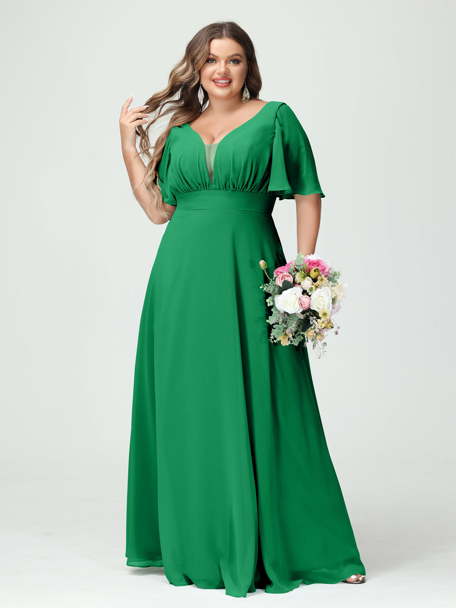 Corte A/Princesa Decote Em V Meia Manga Chiffon Vestidos de Dama de Honra Tamanho Grande com Bolsos