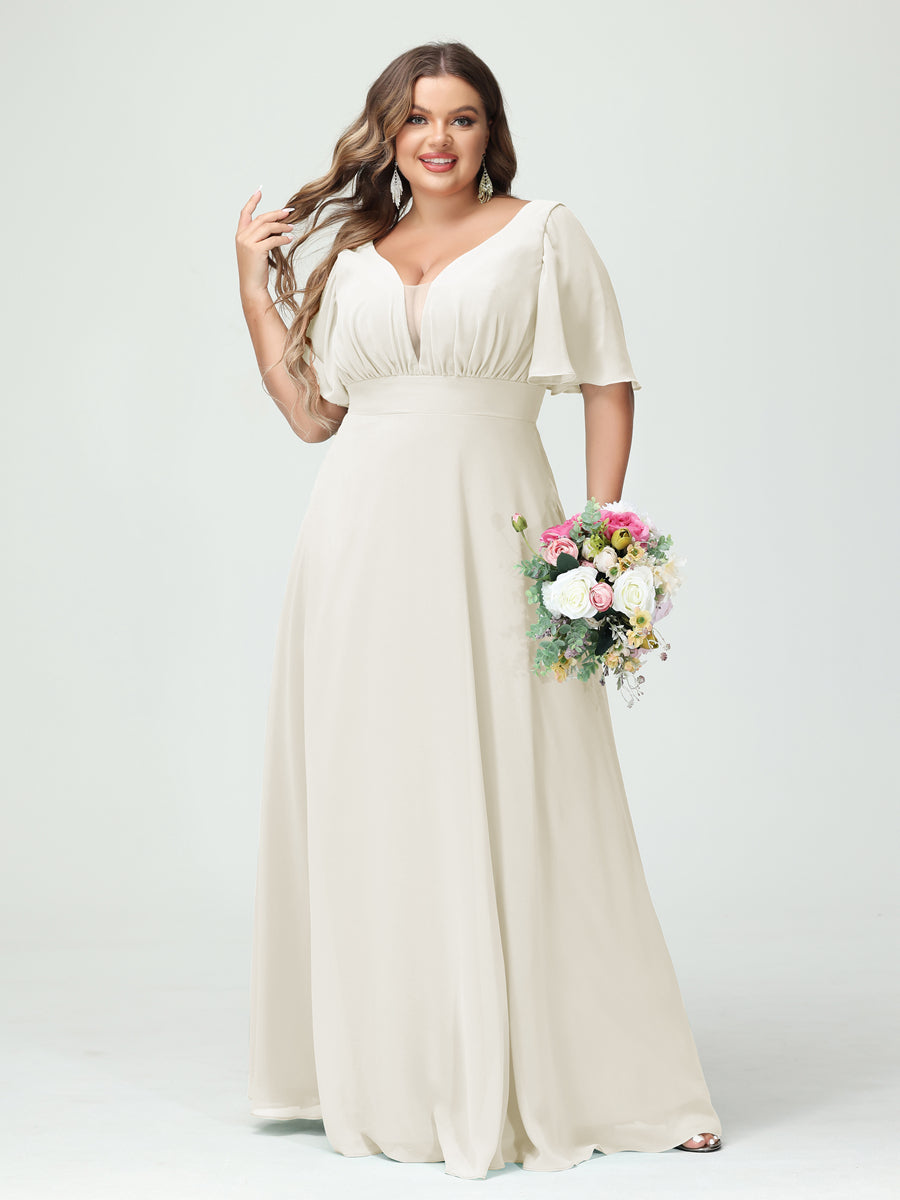 Corte A/Princesa Decote Em V Meia Manga Chiffon Vestidos de Dama de Honra Tamanho Grande com Bolsos