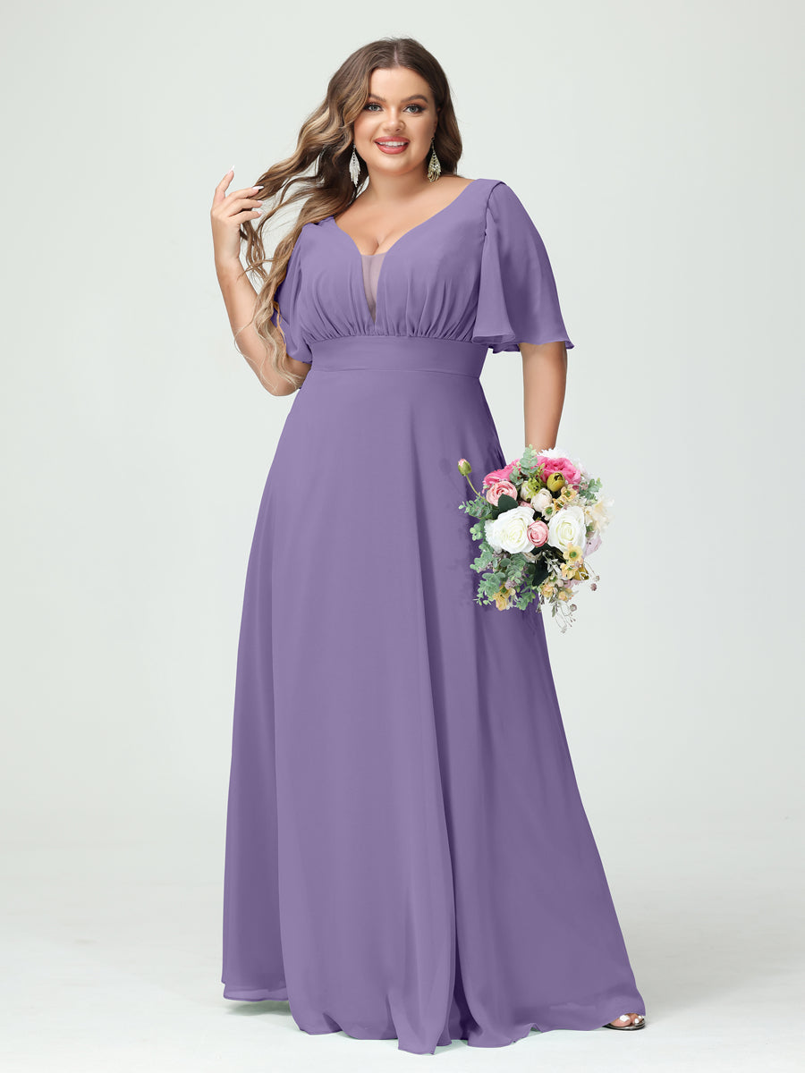 Corte A/Princesa Decote Em V Meia Manga Chiffon Vestidos de Dama de Honra Tamanho Grande com Bolsos