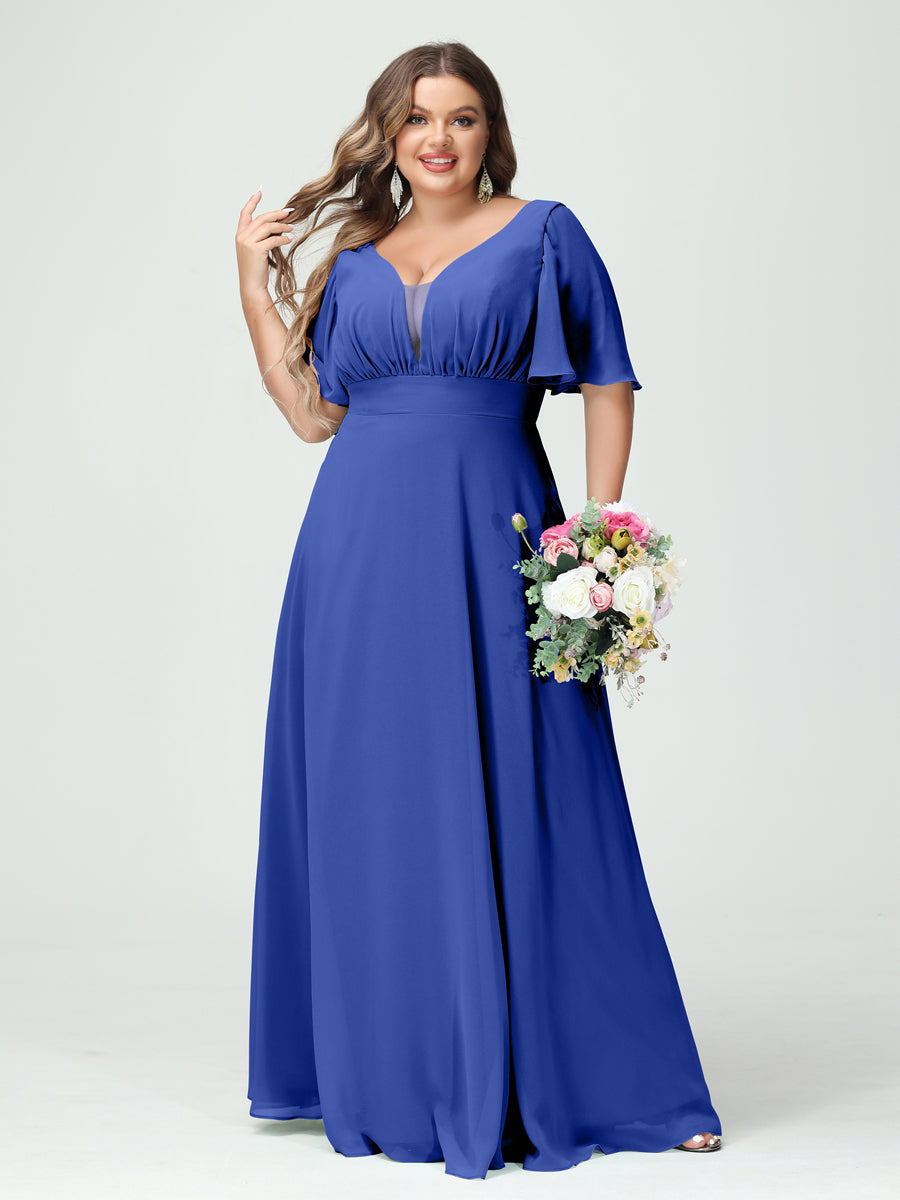 Corte A/Princesa Decote Em V Meia Manga Chiffon Vestidos de Dama de Honra Tamanho Grande com Bolsos