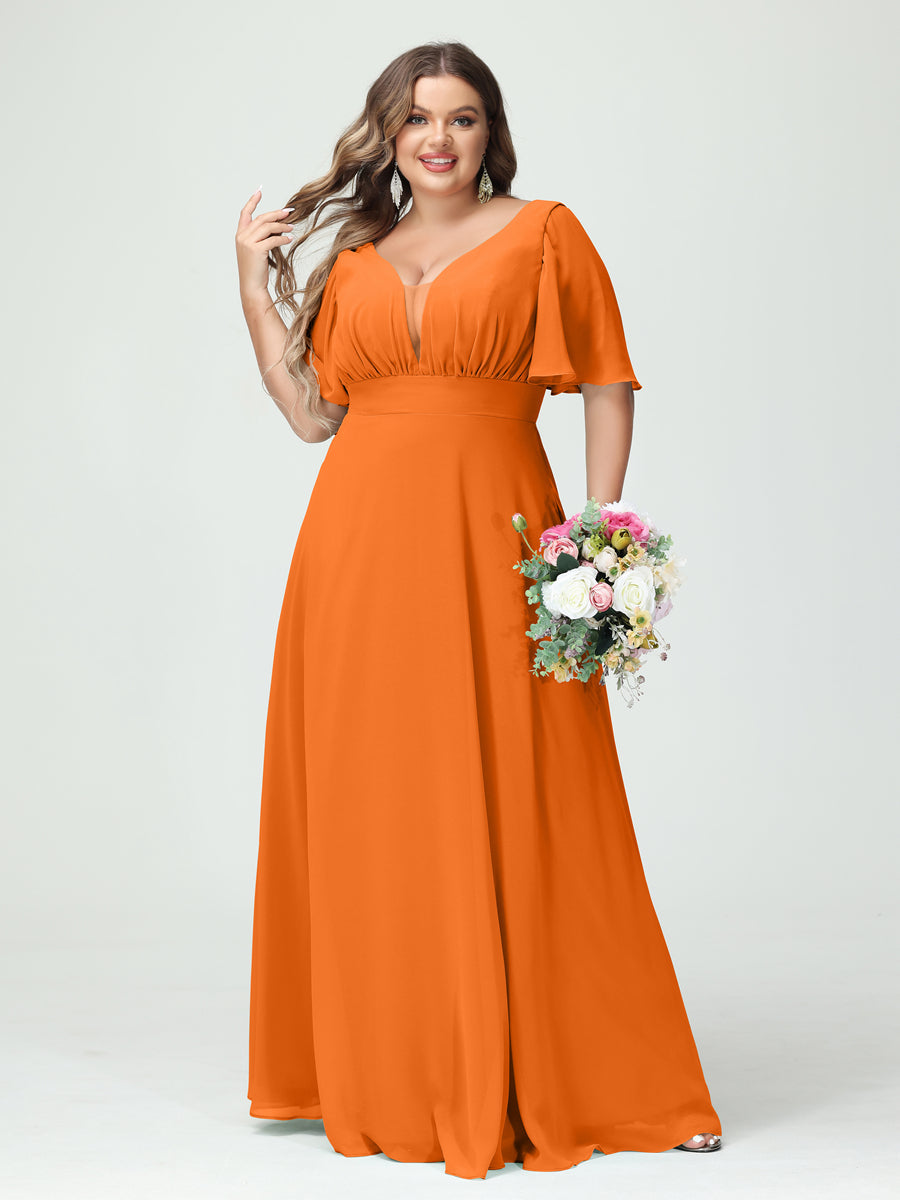 Corte A/Princesa Decote Em V Meia Manga Chiffon Vestidos de Dama de Honra Tamanho Grande com Bolsos