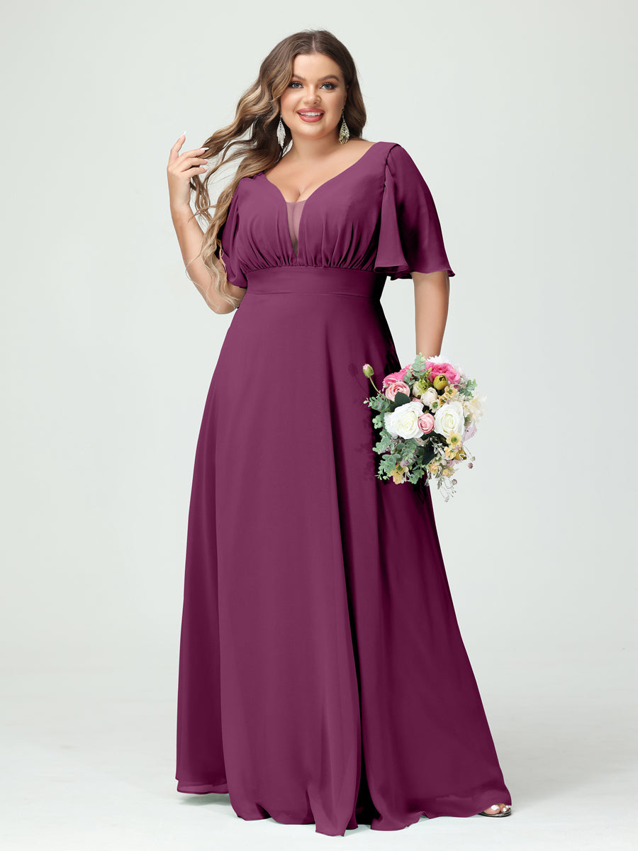Corte A/Princesa Decote Em V Meia Manga Chiffon Vestidos de Dama de Honra Tamanho Grande com Bolsos