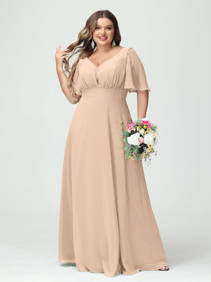 Corte A/Princesa Decote Em V Meia Manga Chiffon Vestidos de Dama de Honra Tamanho Grande com Bolsos