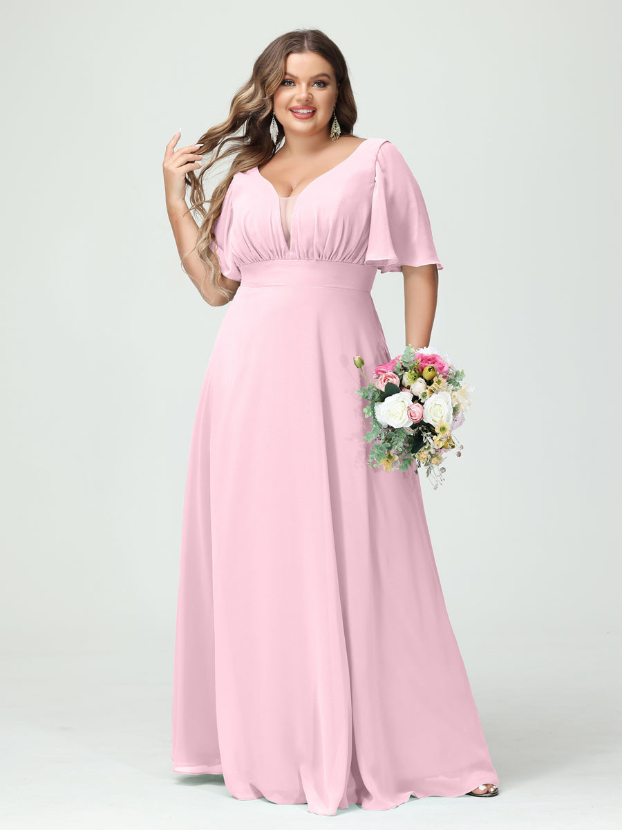 Corte A/Princesa Decote Em V Meia Manga Chiffon Vestidos de Dama de Honra Tamanho Grande com Bolsos