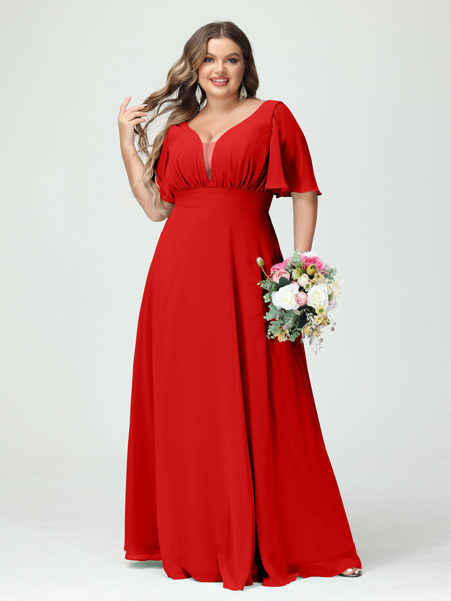 Corte A/Princesa Decote Em V Meia Manga Chiffon Vestidos de Dama de Honra Tamanho Grande com Bolsos