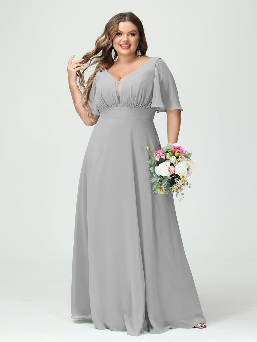 Corte A/Princesa Decote Em V Meia Manga Chiffon Vestidos de Dama de Honra Tamanho Grande com Bolsos