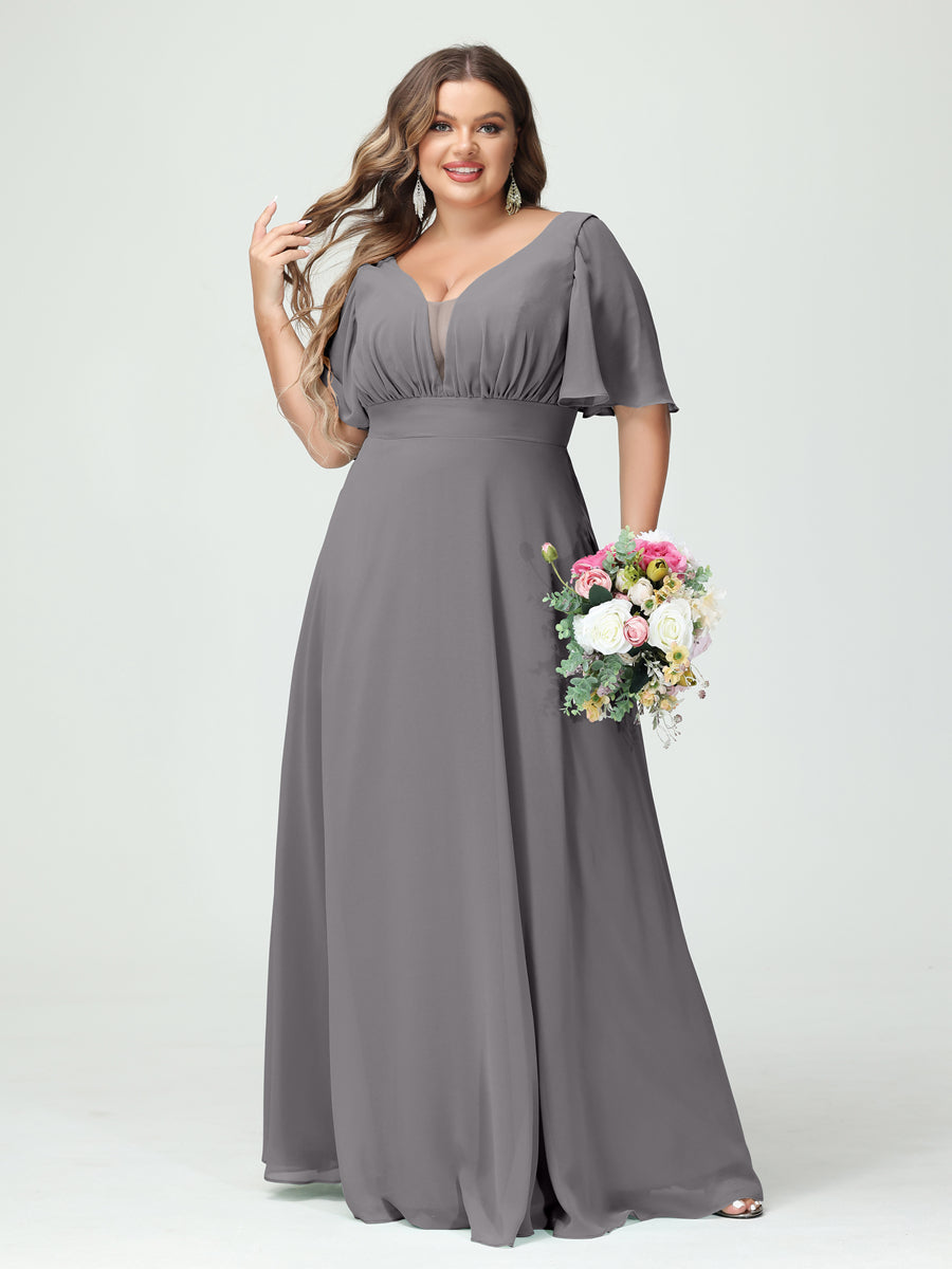 Corte A/Princesa Decote Em V Meia Manga Chiffon Vestidos de Dama de Honra Tamanho Grande com Bolsos