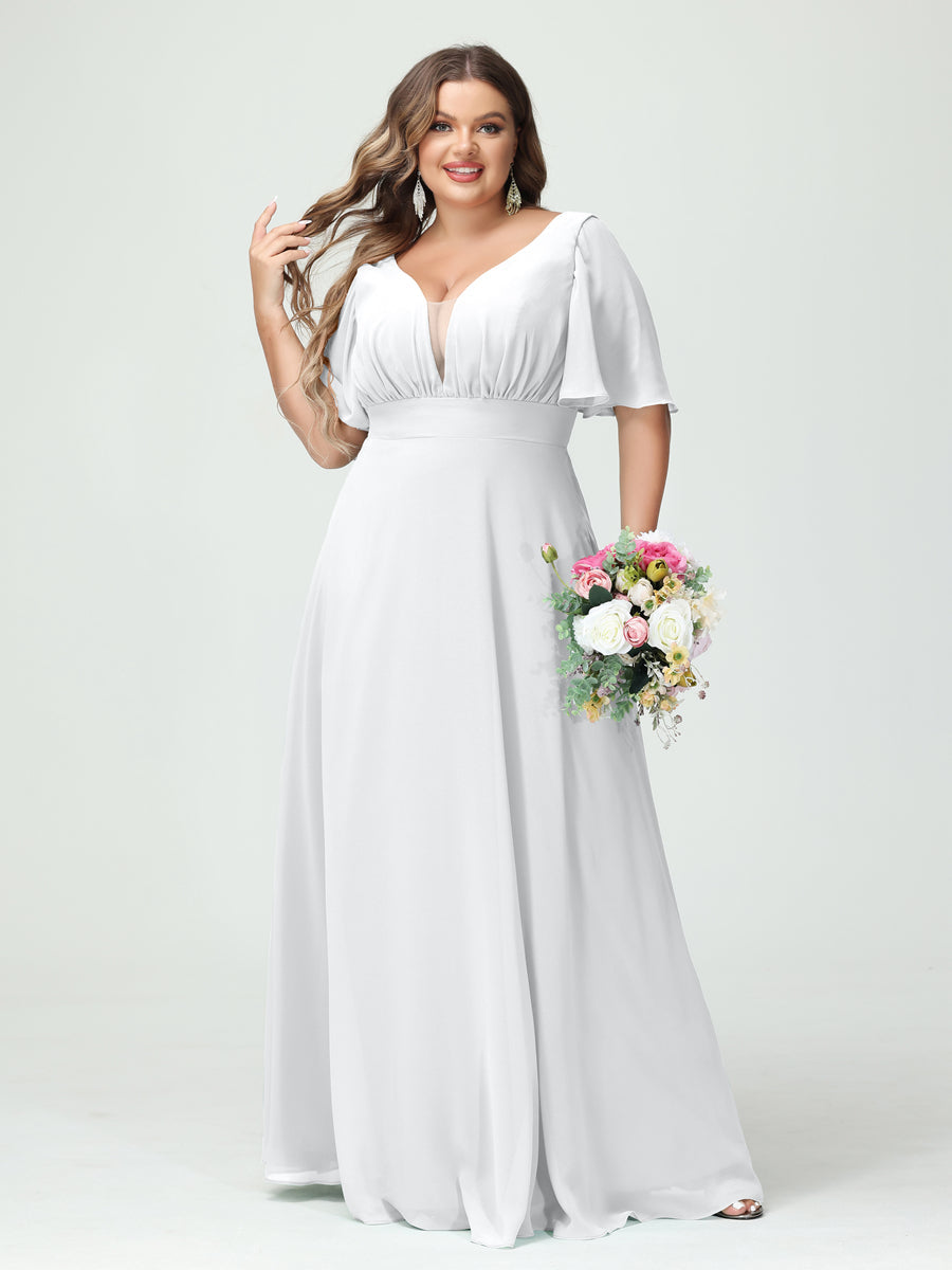 Corte A/Princesa Decote Em V Meia Manga Chiffon Vestidos de Dama de Honra Tamanho Grande com Bolsos