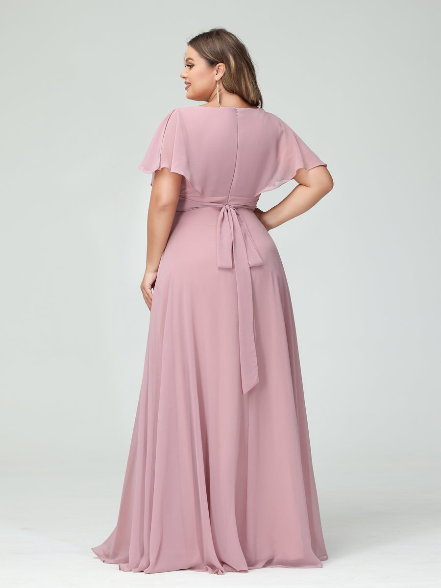 Princesa/Formato A Decote Em V Manga Curta Chiffon Vestidos de Dama de Honra com Bolsos