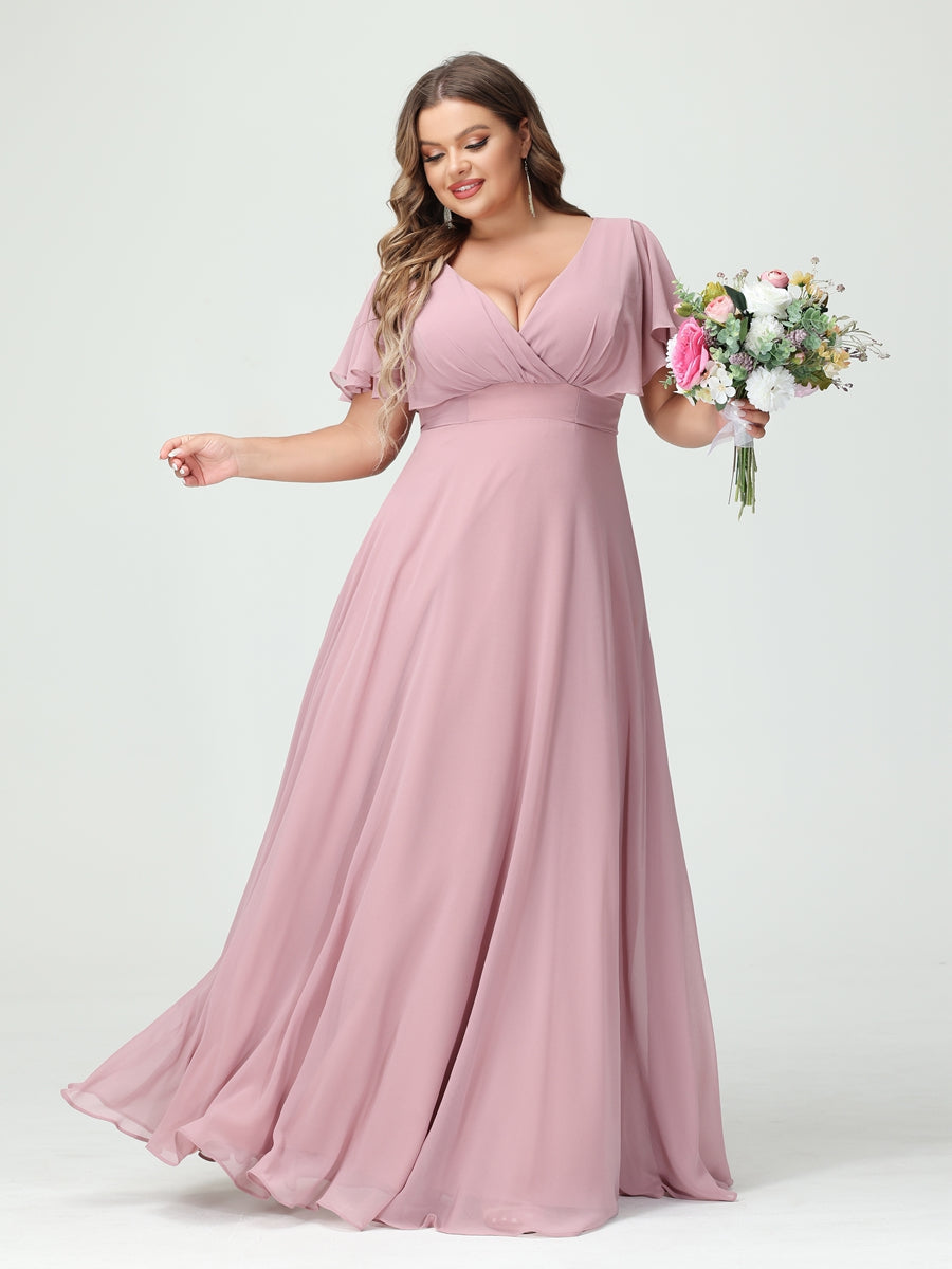 Princesa/Formato A Decote Em V Manga Curta Chiffon Vestidos de Dama de Honra com Bolsos