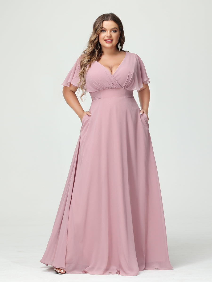 Princesa/Formato A Decote Em V Manga Curta Chiffon Vestidos de Dama de Honra com Bolsos