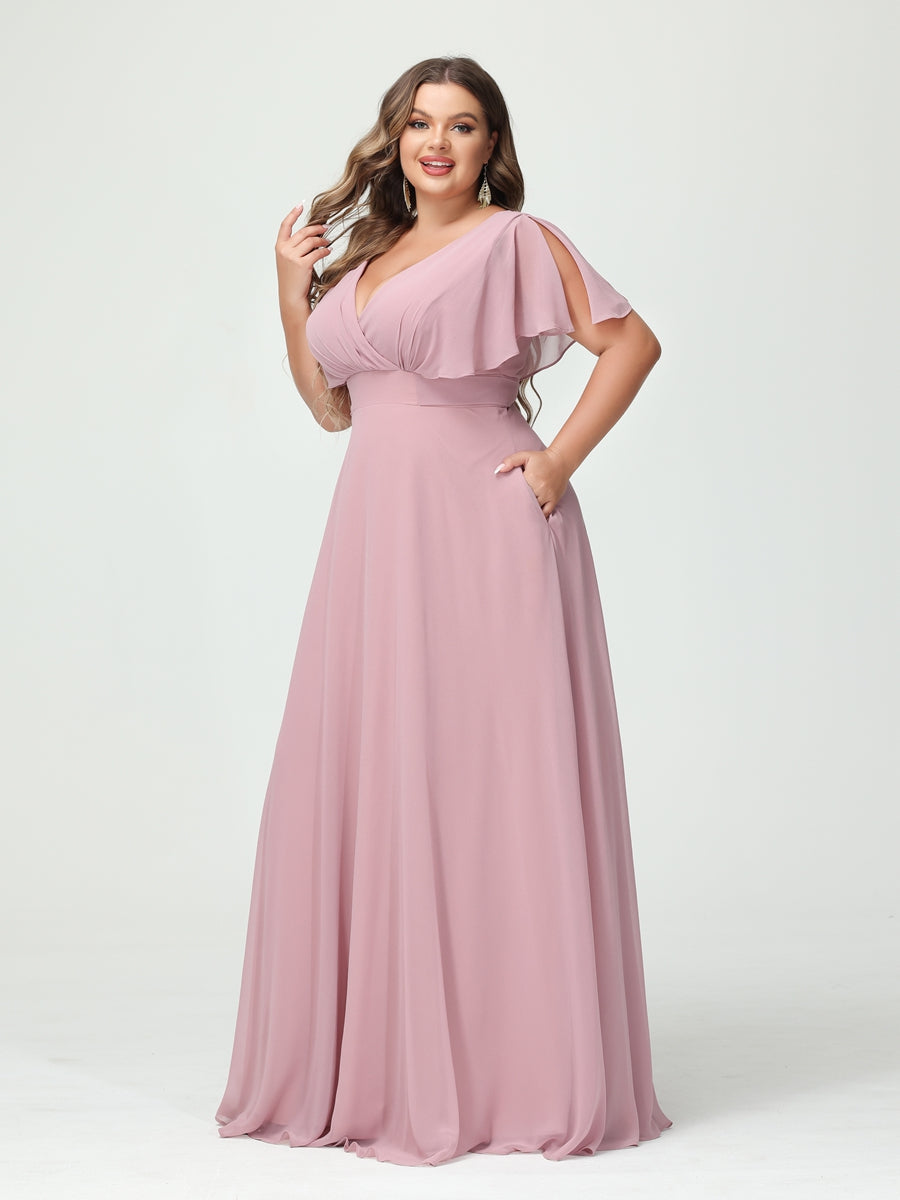 Princesa/Formato A Decote Em V Manga Curta Chiffon Vestidos de Dama de Honra com Bolsos