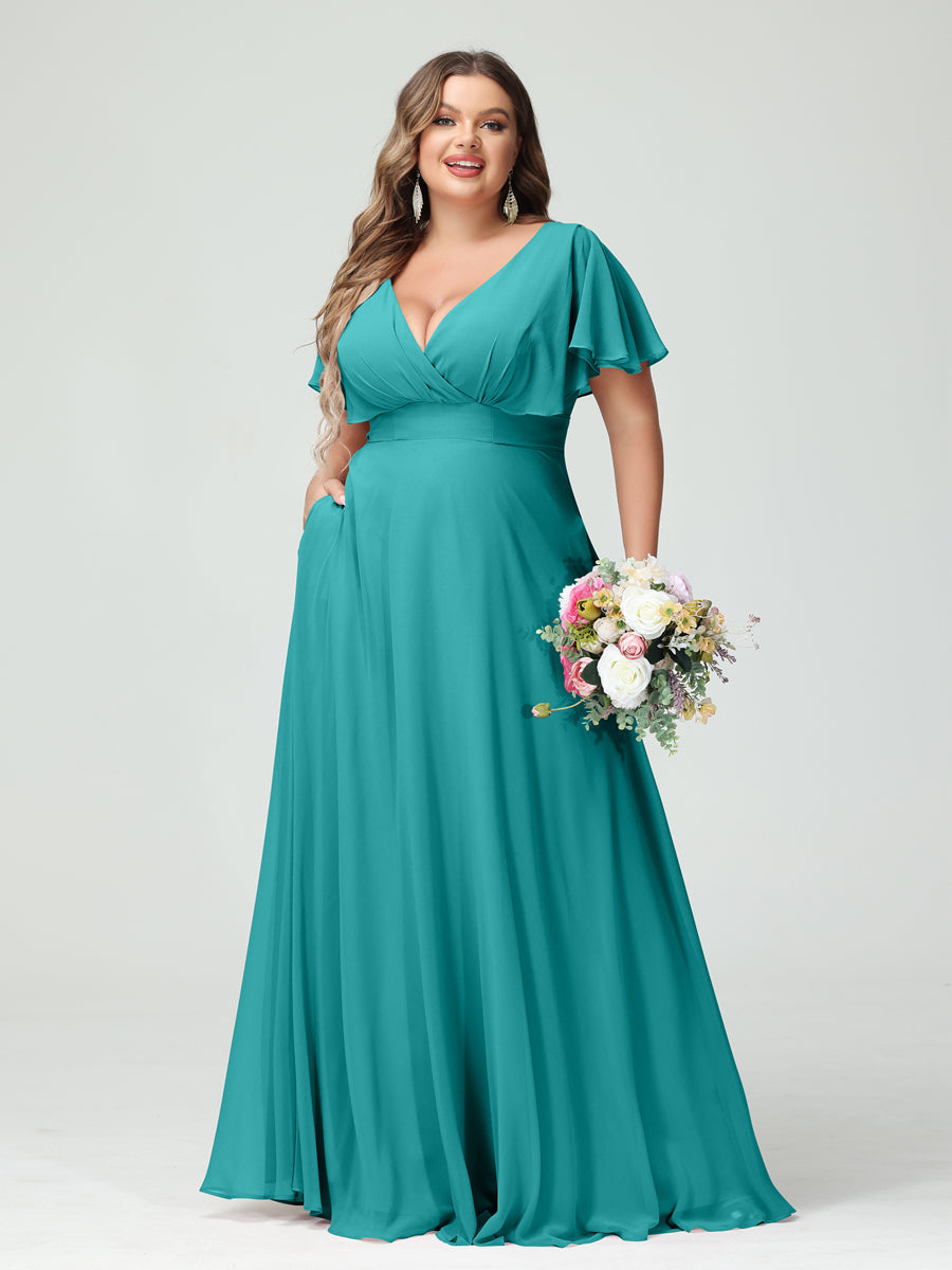 Princesa/Formato A Decote Em V Manga Curta Chiffon Vestidos de Dama de Honra com Bolsos