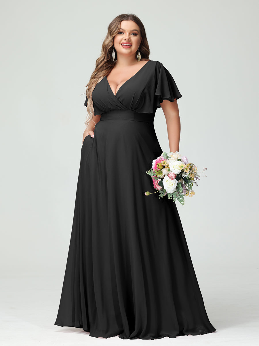Princesa/Formato A Decote Em V Manga Curta Chiffon Vestidos de Dama de Honra com Bolsos