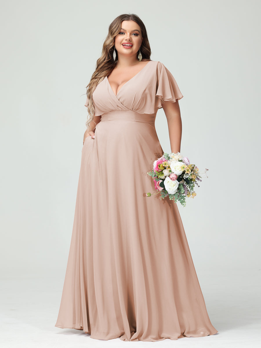 Princesa/Formato A Decote Em V Manga Curta Chiffon Vestidos de Dama de Honra com Bolsos