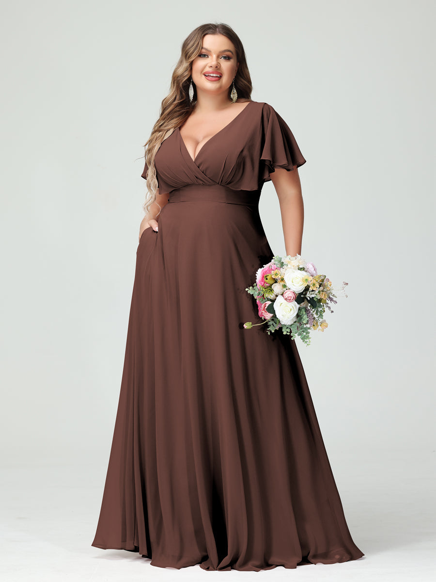 Princesa/Formato A Decote Em V Manga Curta Chiffon Vestidos de Dama de Honra com Bolsos