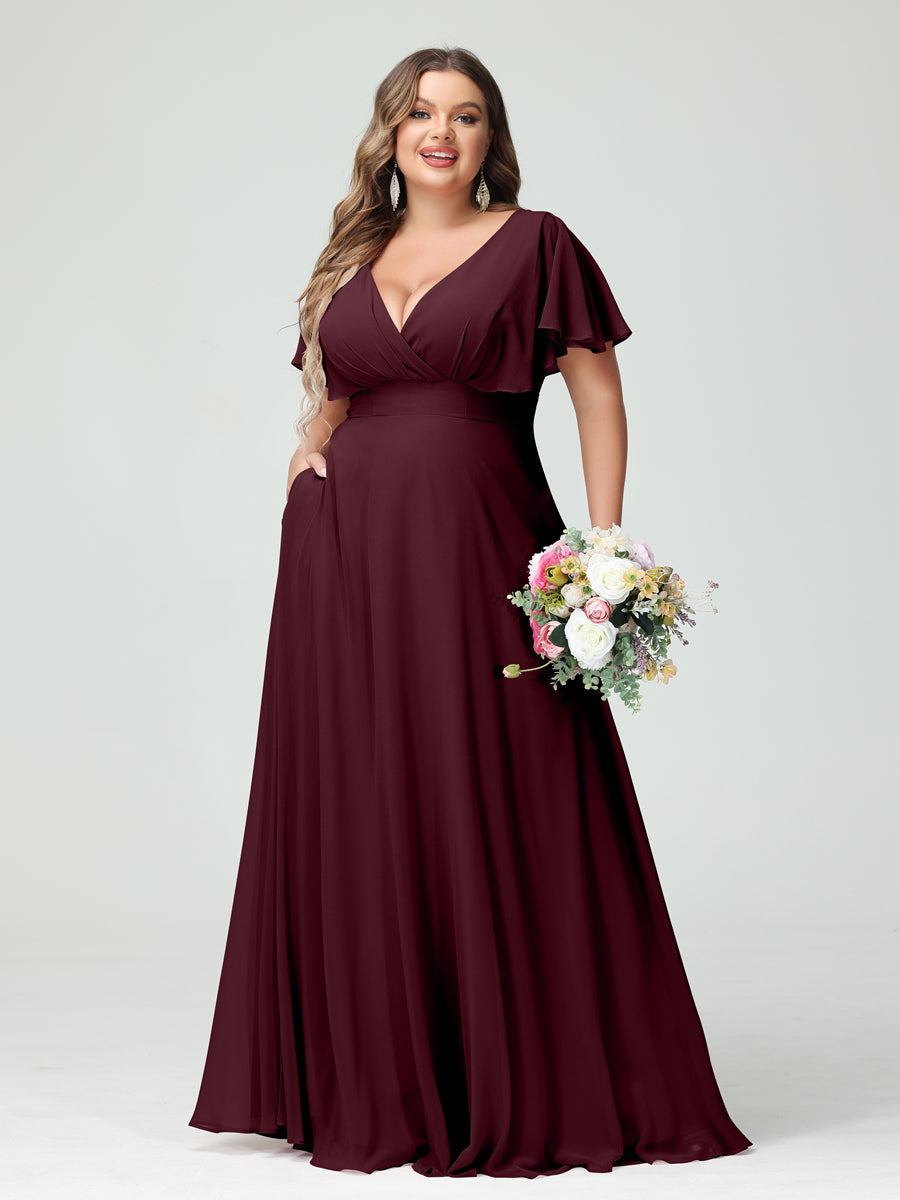 Princesa/Formato A Decote Em V Manga Curta Chiffon Vestidos de Dama de Honra com Bolsos