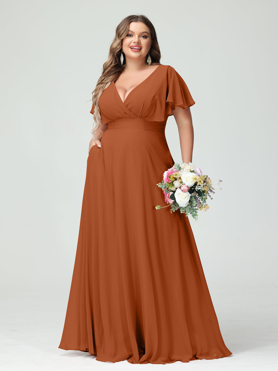 Princesa/Formato A Decote Em V Manga Curta Chiffon Vestidos de Dama de Honra com Bolsos