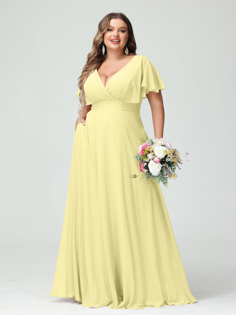 Princesa/Formato A Decote Em V Manga Curta Chiffon Vestidos de Dama de Honra com Bolsos
