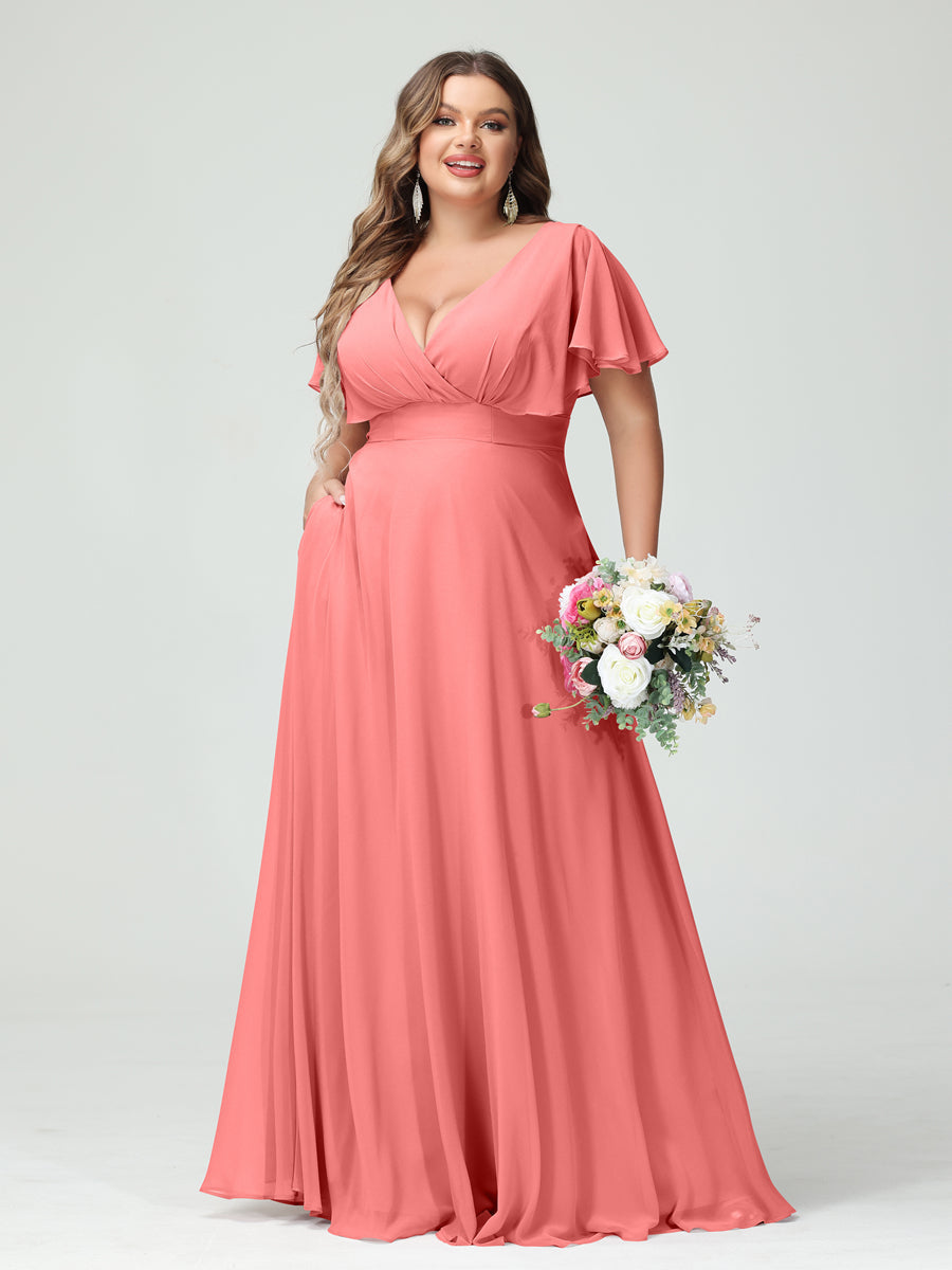Princesa/Formato A Decote Em V Manga Curta Chiffon Vestidos de Dama de Honra com Bolsos