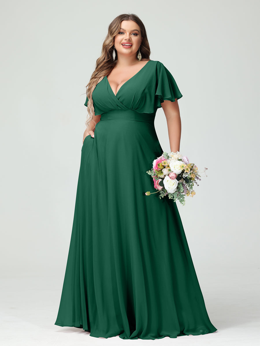 Princesa/Formato A Decote Em V Manga Curta Chiffon Vestidos de Dama de Honra com Bolsos