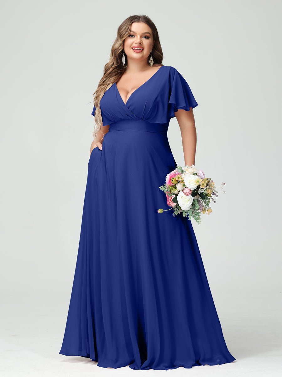 Princesa/Formato A Decote Em V Manga Curta Chiffon Vestidos de Dama de Honra com Bolsos