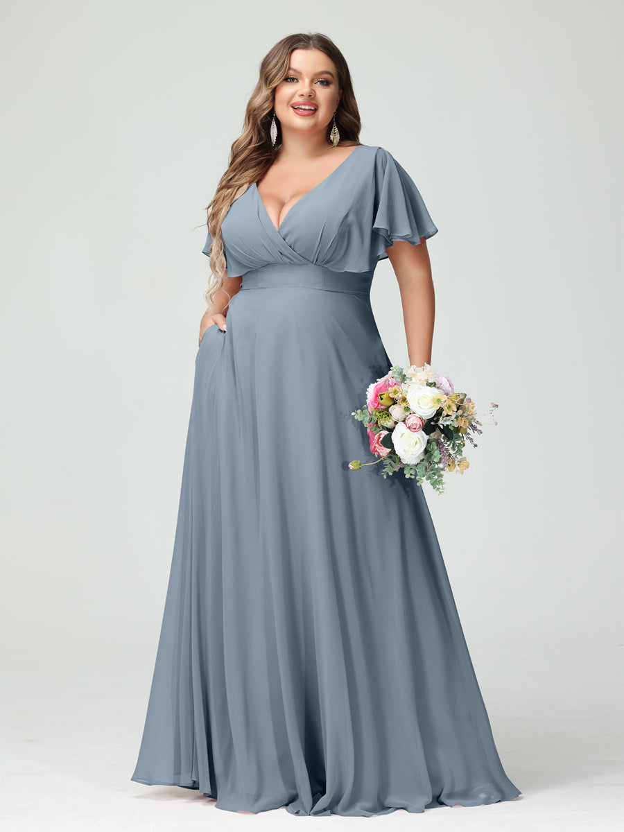 Princesa/Formato A Decote Em V Manga Curta Chiffon Vestidos de Dama de Honra com Bolsos