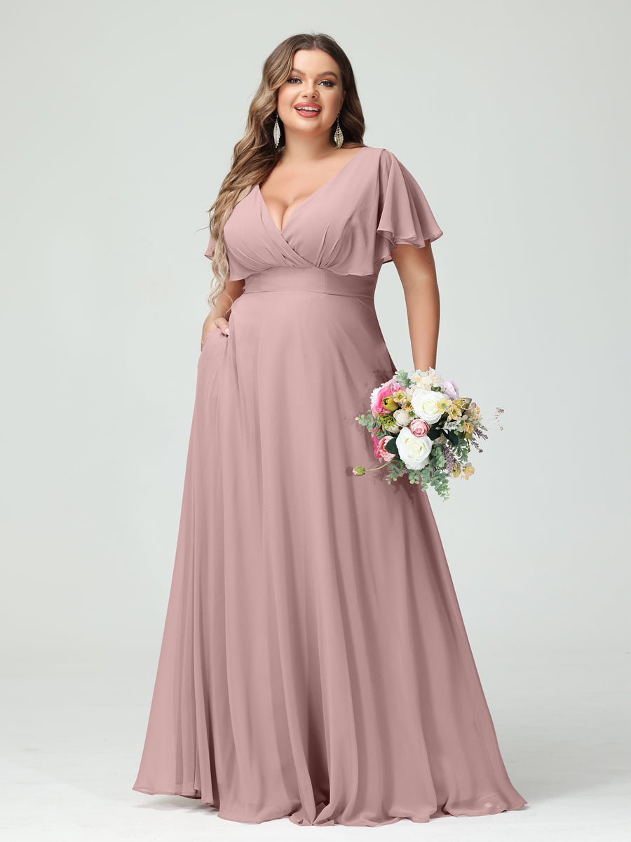 Princesa/Formato A Decote Em V Manga Curta Chiffon Vestidos de Dama de Honra com Bolsos