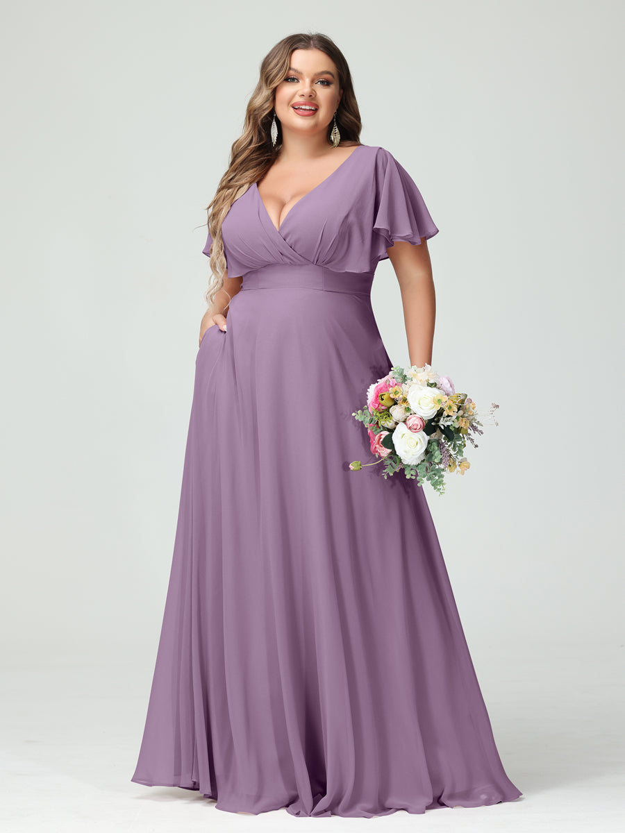Princesa/Formato A Decote Em V Manga Curta Chiffon Vestidos de Dama de Honra com Bolsos