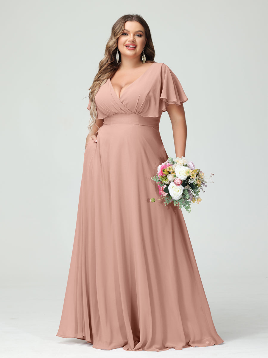 Princesa/Formato A Decote Em V Manga Curta Chiffon Vestidos de Dama de Honra com Bolsos