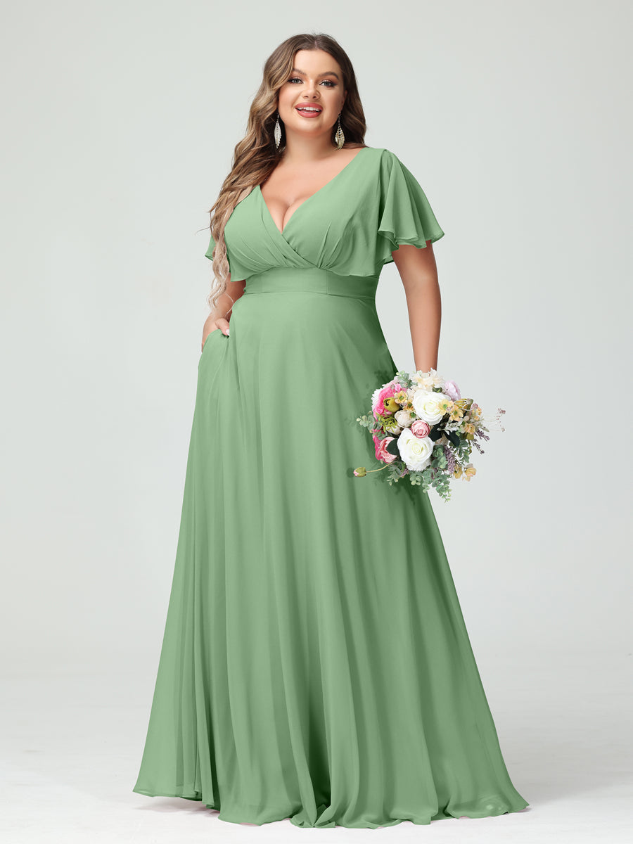 Princesa/Formato A Decote Em V Manga Curta Chiffon Vestidos de Dama de Honra com Bolsos