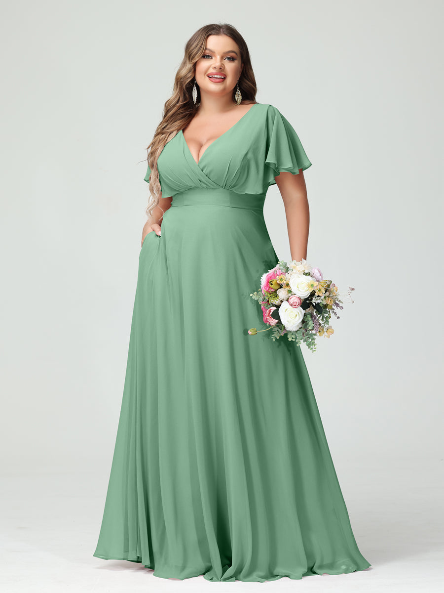 Princesa/Formato A Decote Em V Manga Curta Chiffon Vestidos de Dama de Honra com Bolsos