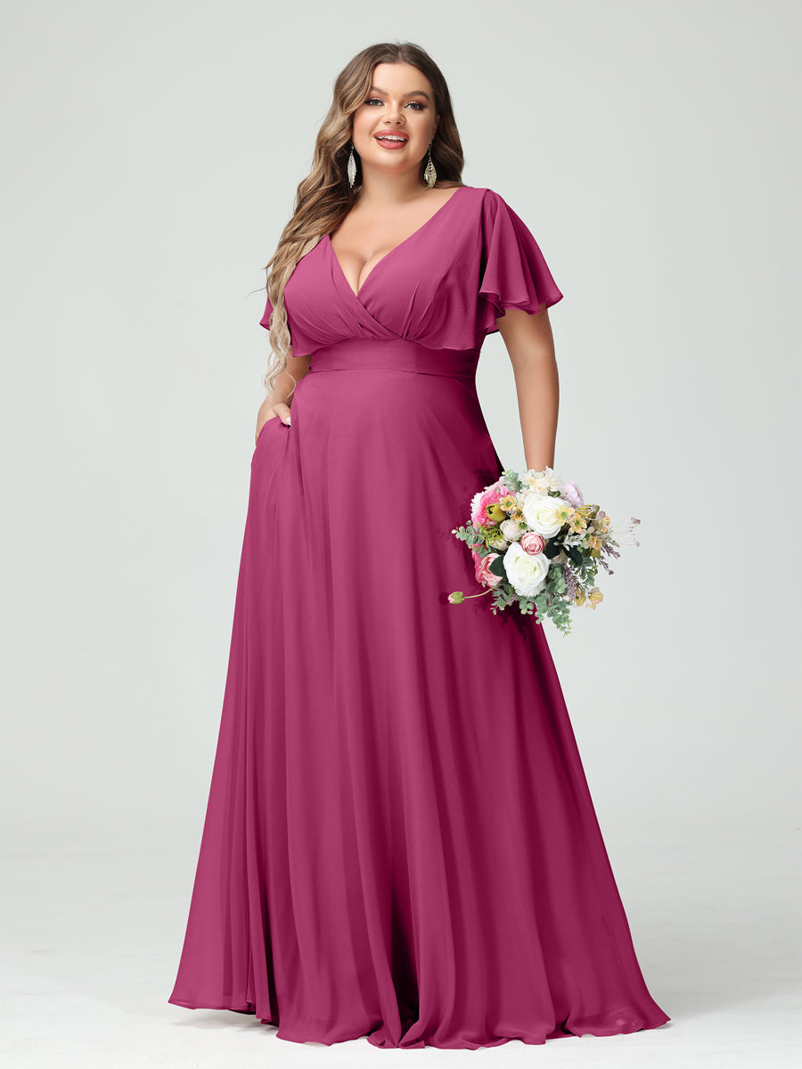 Princesa/Formato A Decote Em V Manga Curta Chiffon Vestidos de Dama de Honra com Bolsos