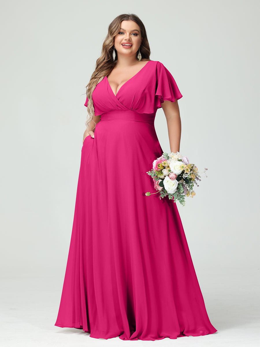 Princesa/Formato A Decote Em V Manga Curta Chiffon Vestidos de Dama de Honra com Bolsos