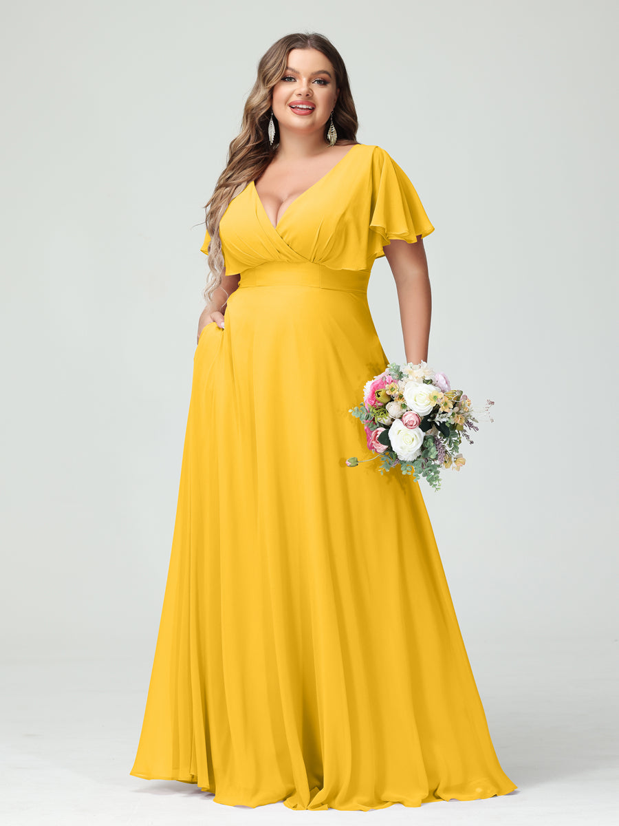 Princesa/Formato A Decote Em V Manga Curta Chiffon Vestidos de Dama de Honra com Bolsos