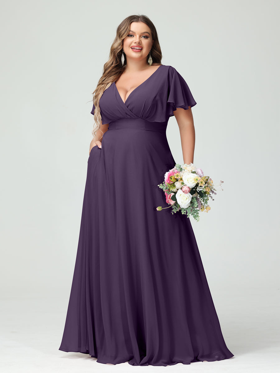 Princesa/Formato A Decote Em V Manga Curta Chiffon Vestidos de Dama de Honra com Bolsos