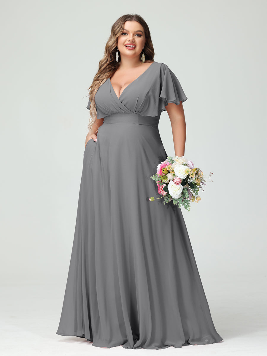 Princesa/Formato A Decote Em V Manga Curta Chiffon Vestidos de Dama de Honra com Bolsos