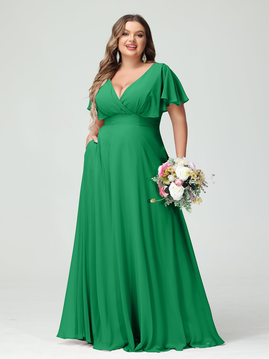 Princesa/Formato A Decote Em V Manga Curta Chiffon Vestidos de Dama de Honra com Bolsos